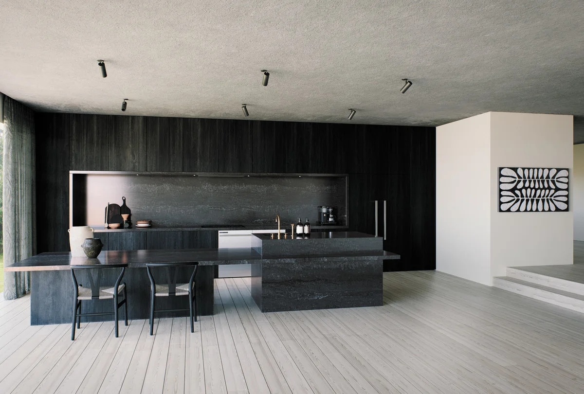 Cozinha moderna luxuosa com ilha, armários e bancadas escuras, piso de madeira clara, design minimalista.